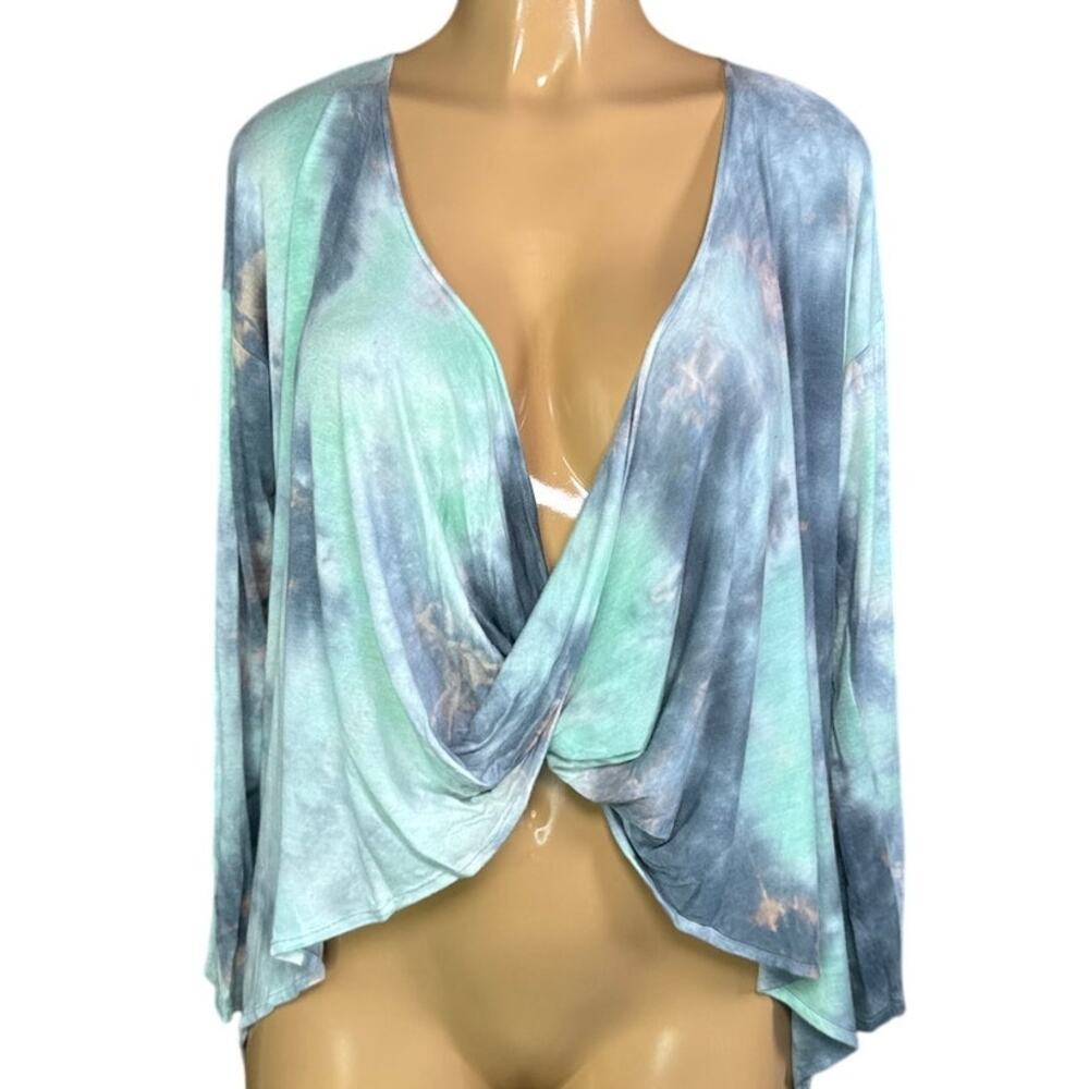 Blue Green Tie Dye Twisted Front Long Sleeve Yoga Top Small Medium